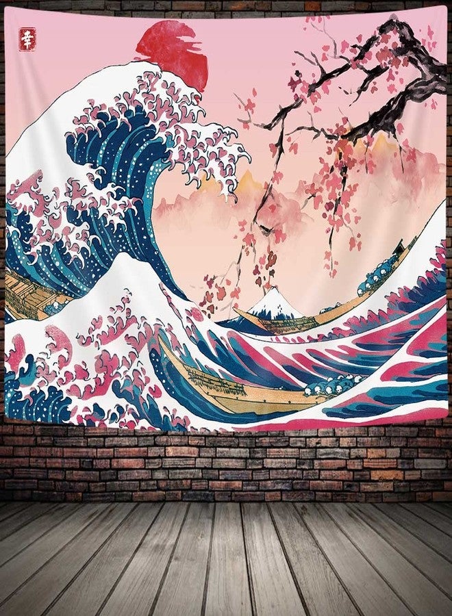 MERCHR Pink & Red Sun Cherry Blossom Wall Tapestry, Ocean Wave & Mountain Scene - Asian Anime Design for Bedroom, 60 x 40 Inches - Image 3